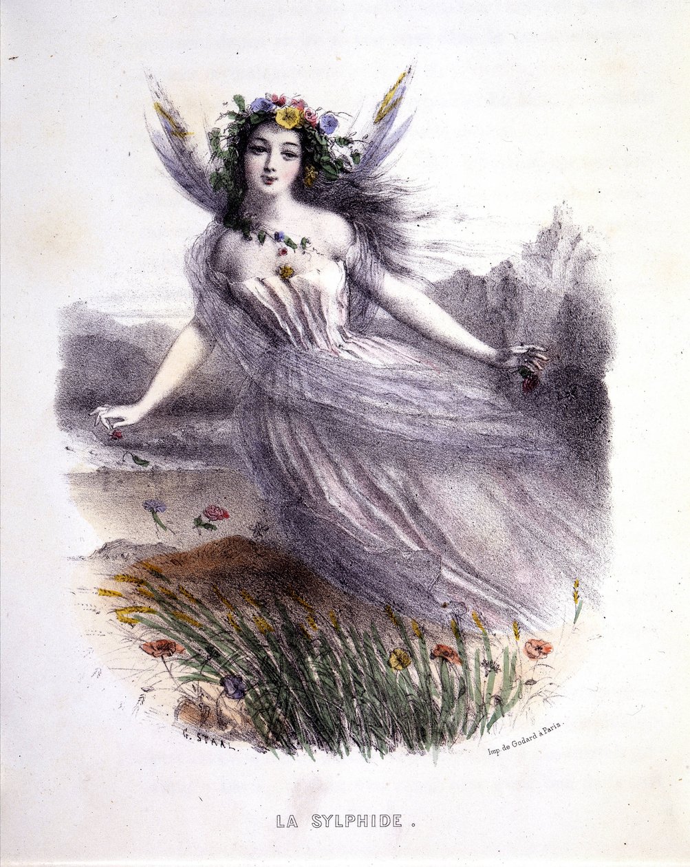 Hada: La sílfide - en “Les femmes mythologiques”, por Mery y Foelix, ilustrado por G. Staal, ed. por Gouet de Pierre Gustave Eugene Staal