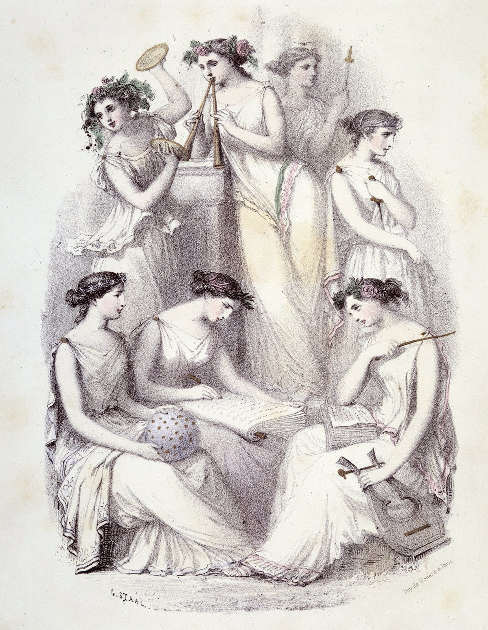 Genios del Olimpo - en "Las Mujeres mitológicas", dibujos de G. Staal, por Mery y el Cte Foelix, Ed. G. de Gouet de Pierre Gustave Eugene Staal
