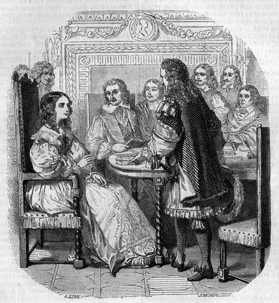 Visita de la Reina Cristina de Suecia (1626-1689) a la Academia Francesa en París en presencia del Cardenal Richelieu. Grabado por G. Staal de Pierre Gustave Eugene Staal
