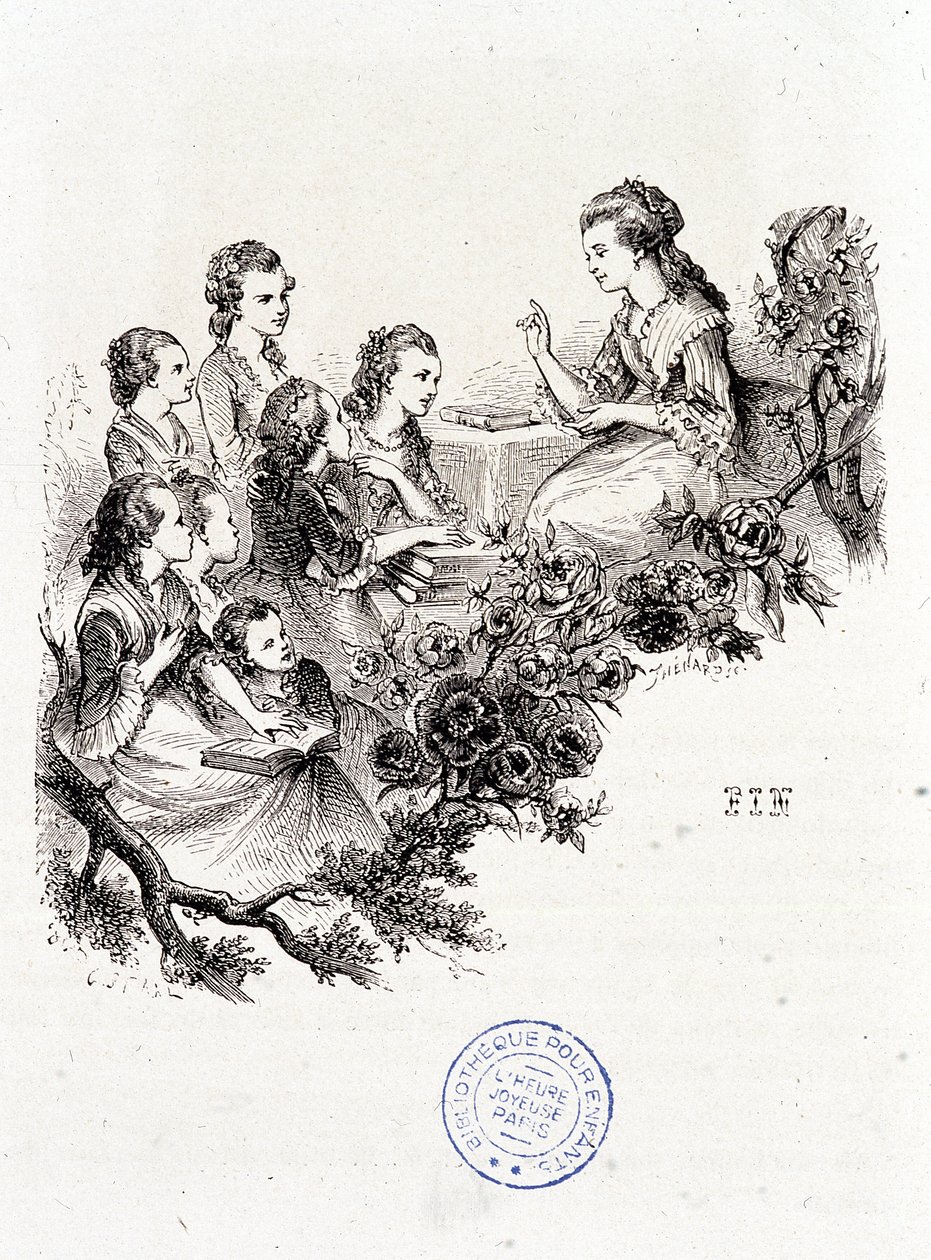 Ama de casa joven contando una historia a un grupo de niños - en “Le magasin des enfants” por Mme Leprince de Beaumont, ill. Staal, Garnier de Pierre Gustave Eugene Staal