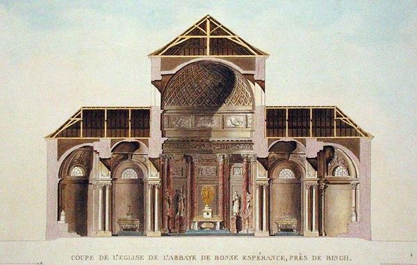 Sección transversal de la iglesia abacial de Bonne Esperance, cerca de Binche, Bélgica, de 