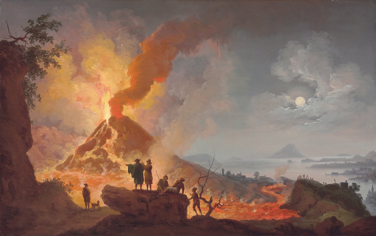 El Monte Vesubio en erupción por la noche, visto desde el Atrio del Cavallo con espectadores en primer plano, una vista panorámica de la ciudad y la Bahía de Nápoles al fondo de Pierre Jacques Volaire