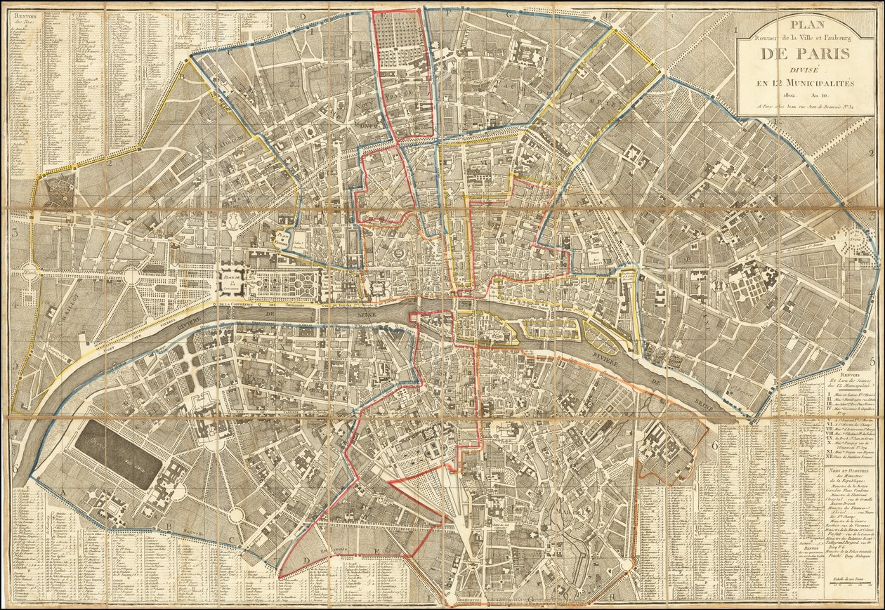 Mapa de 1802 - Plan Routier de la Ville et Faubourg de Paris Divise en 12 Municipalities de Pierre Jean