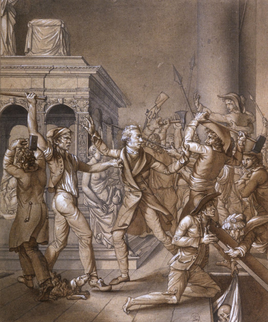 Alexandre Lenoir oponiéndose a los revolucionarios cuando quieren destruir la tumba del rey francés Luis XII en la basílica real de Saint Denis en 1793, en la época de la revolución francesa de Pierre Joseph Lafontaine