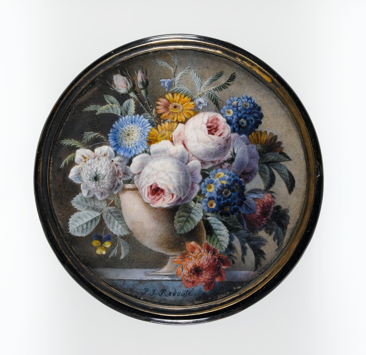 Caja de concha de tortuga con una miniatura de flores en un jarrón de piedra sobre una losa de mármol, 1827 de Pierre Joseph Redouté