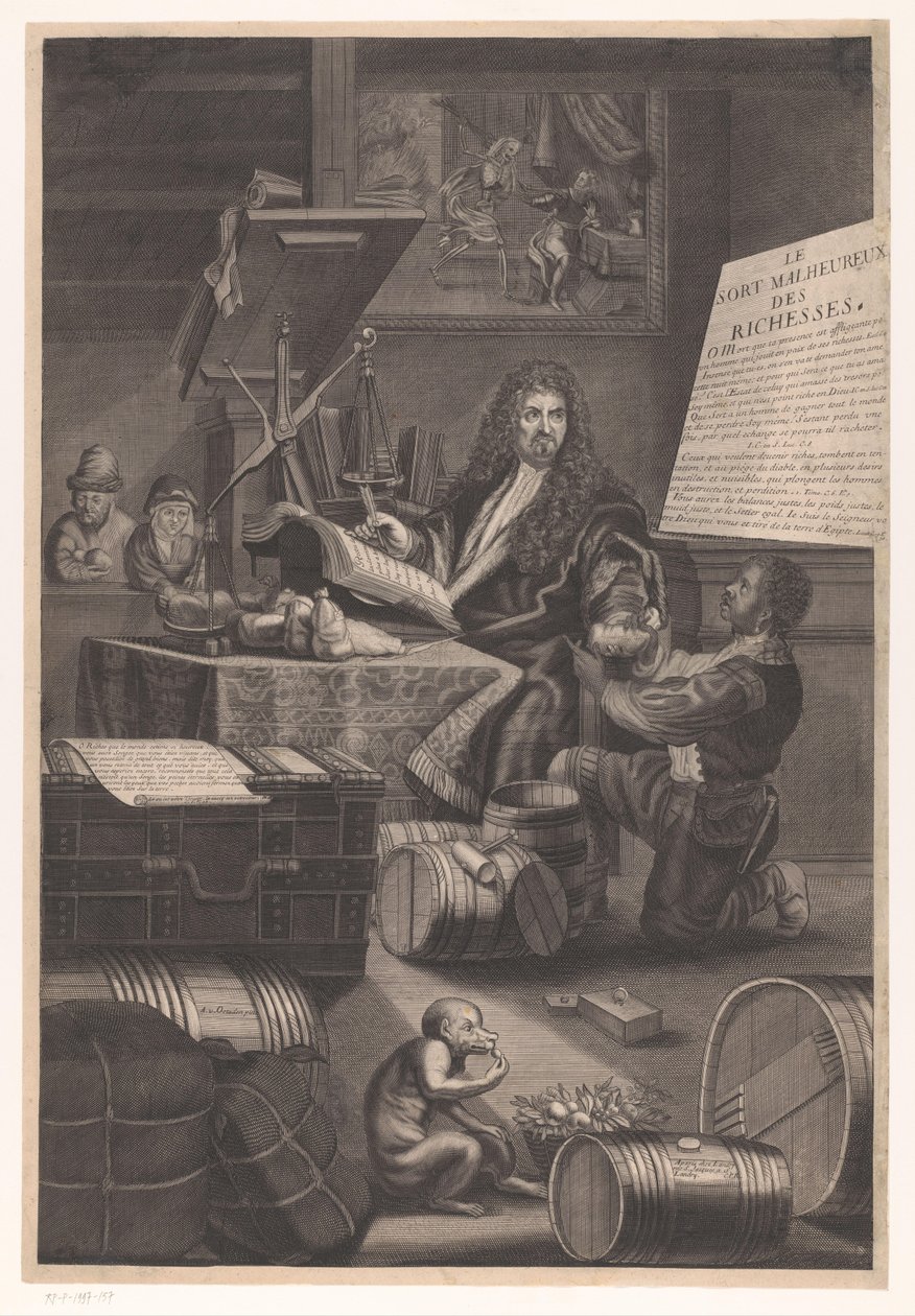 Balanza de oro con advertencia sobre los peligros de la riqueza de Pierre Landry (attributed to)
