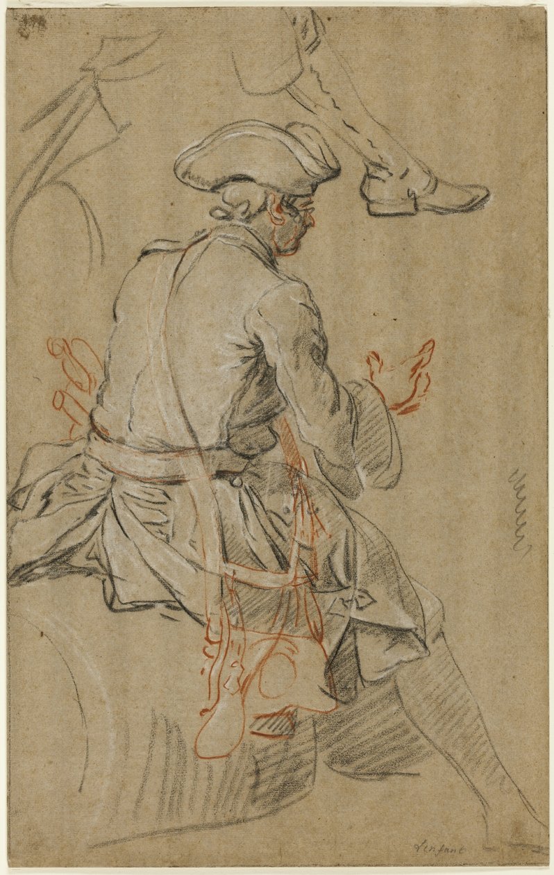 Boceto de hombre a caballo, con boceto separado de su pie derecho de Pierre Lenfant