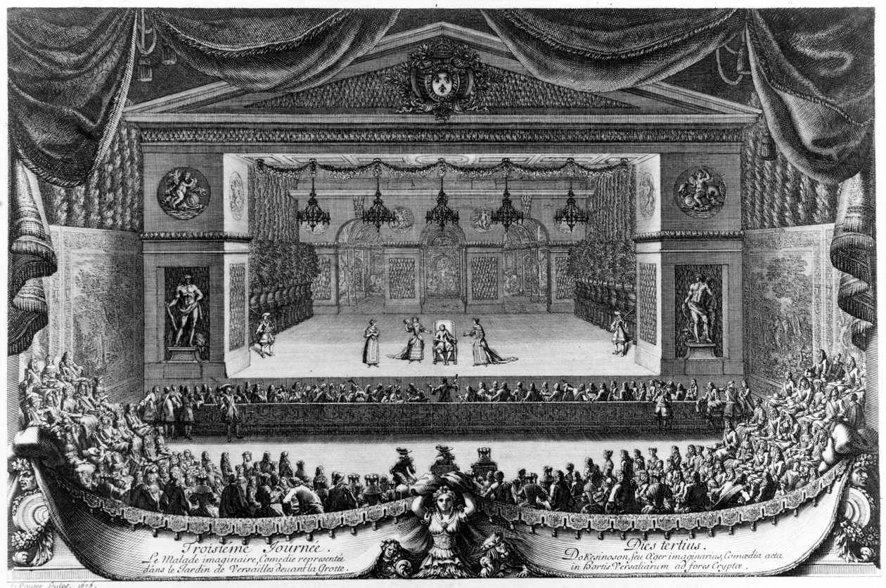 Tercer Día: El enfermo imaginario (de Molière), comedia representada en el Jardín de Versalles frente a la Gruta en 1676, grabado de Pierre Lepautre (1660-1744) de Pierre Lepautre