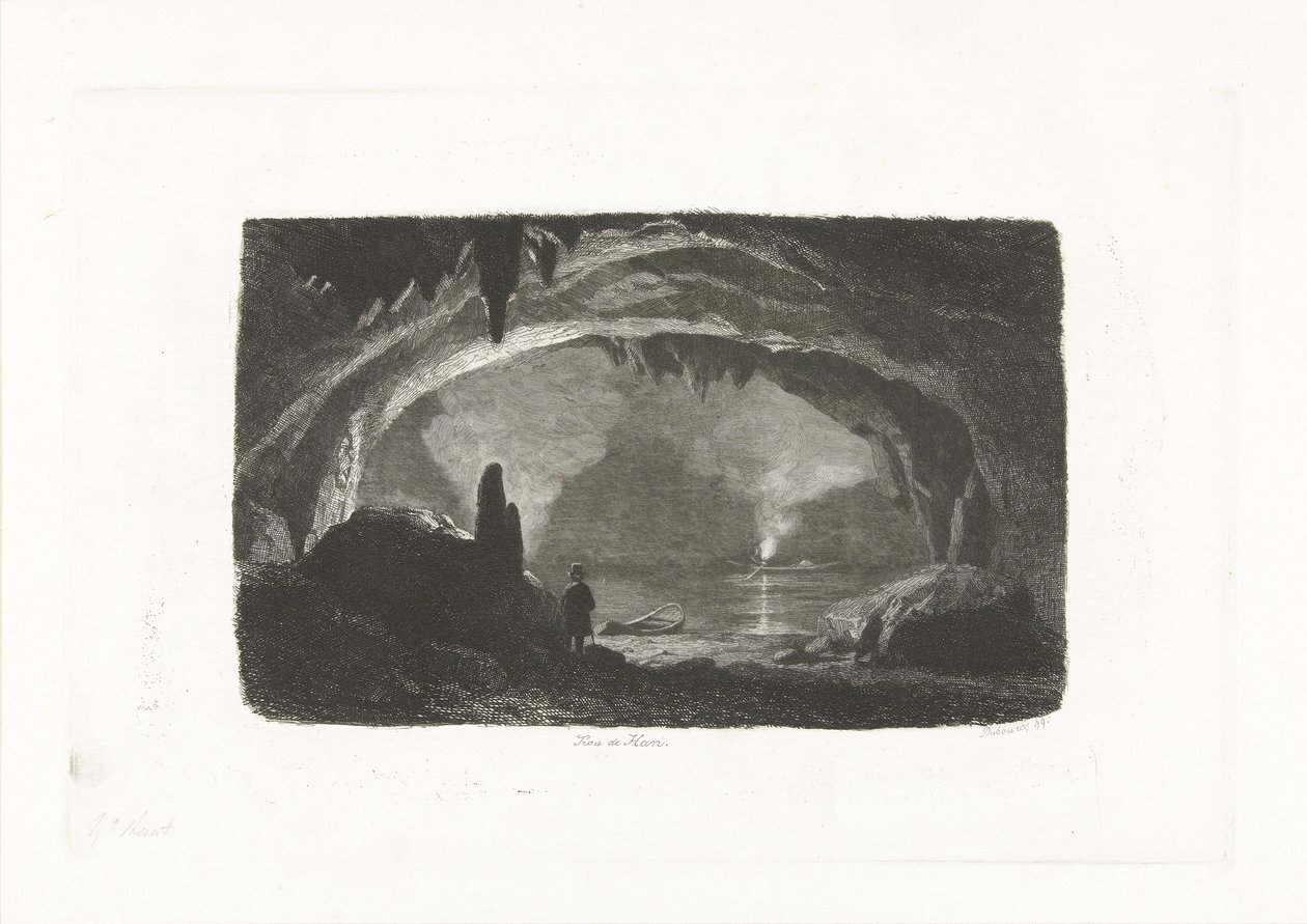 Hombre con un bote de remos en las cuevas de Han Trou de Han (título sobre objeto) de Pierre Louis Dubourcq