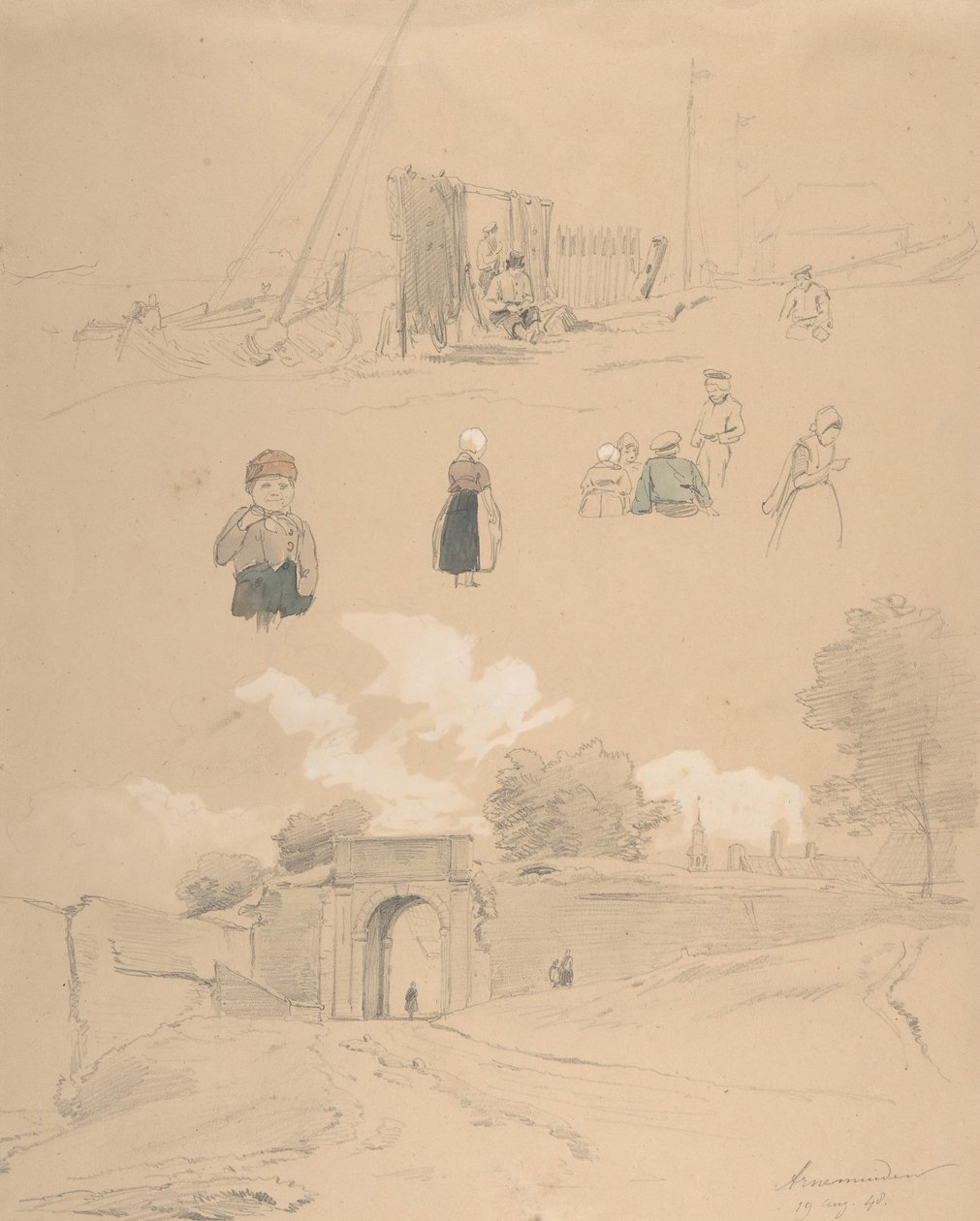 Hoja de estudio con figuras y paisajes en Arnemuiden cerca de Middelburg, mediados del siglo XIX de Pierre Louis Dubourcq