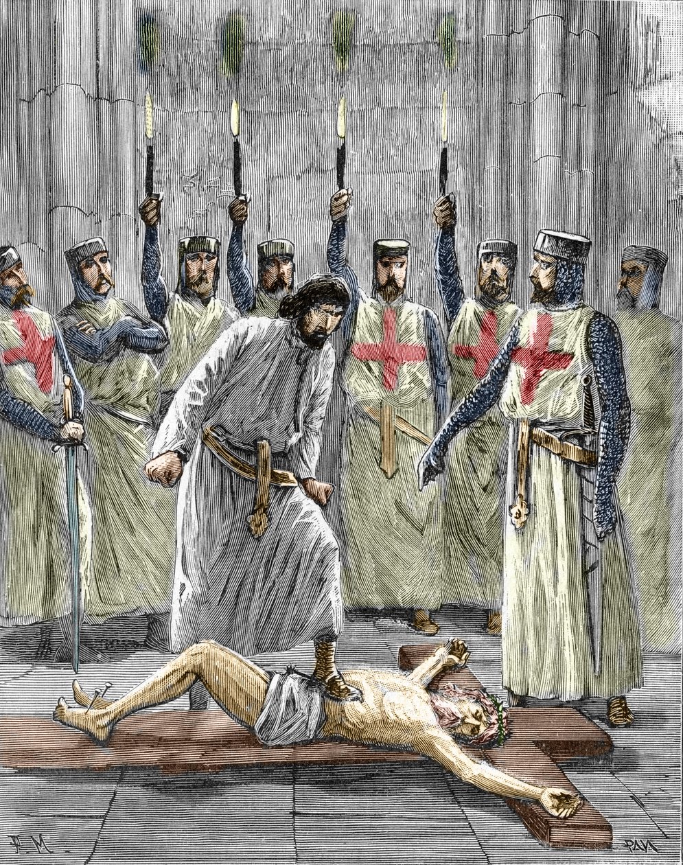 Herejía de los Templarios: representación de una ceremonia de ingreso de un caballero en la orden del templo, siendo el templario, según las confesiones publicadas tras su detención y juicio en 1307, obligado a renegar de Cristo y a pisotear la cruz durant de Pierre Mejanel