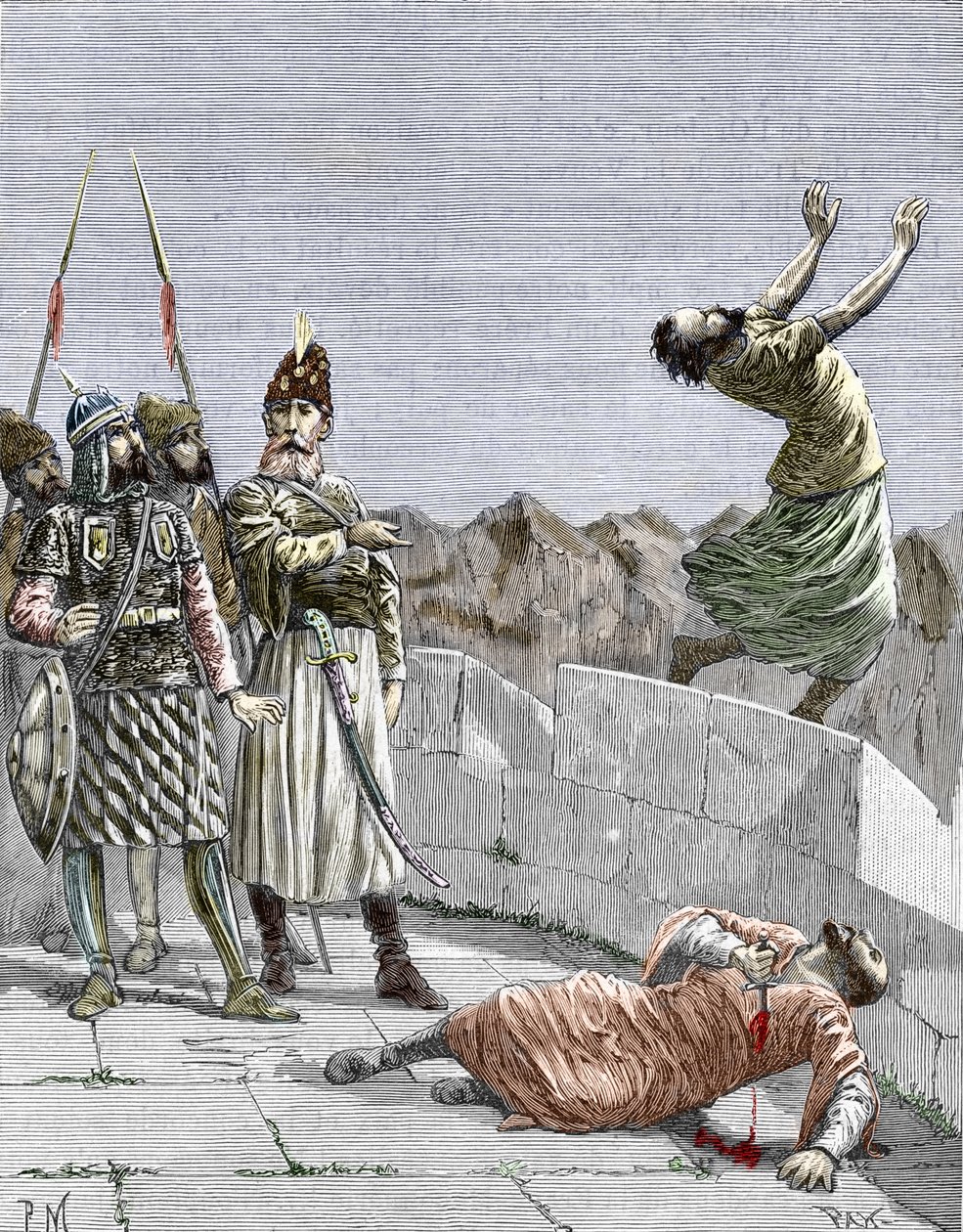 Secta ismailí oriental o asesina fundada por Hassan ibn al-Sabbah (1036-1124), conocido como el viejo de la Montaña", rep ordenando a dos de sus fanáticos seguidores que se suicidaran, Alamut, Persia, hacia 1096" (Nizari Ismailism: representation of Hassan de Pierre Mejanel
