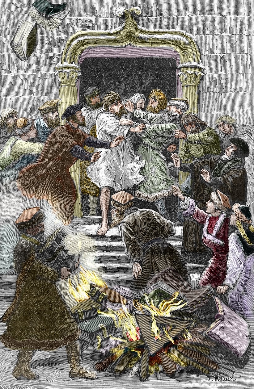 Socinianism and Little Polish Church: the inhabitants of Krakow burn the works of Faustus Socinus (Faust Socin o Fausto Sozzini) (1539-1604) in the public square obliging him to attend the autodafe in 1598 (Socinianismo y Hermanos Polacos: la quema de de Pierre Mejanel