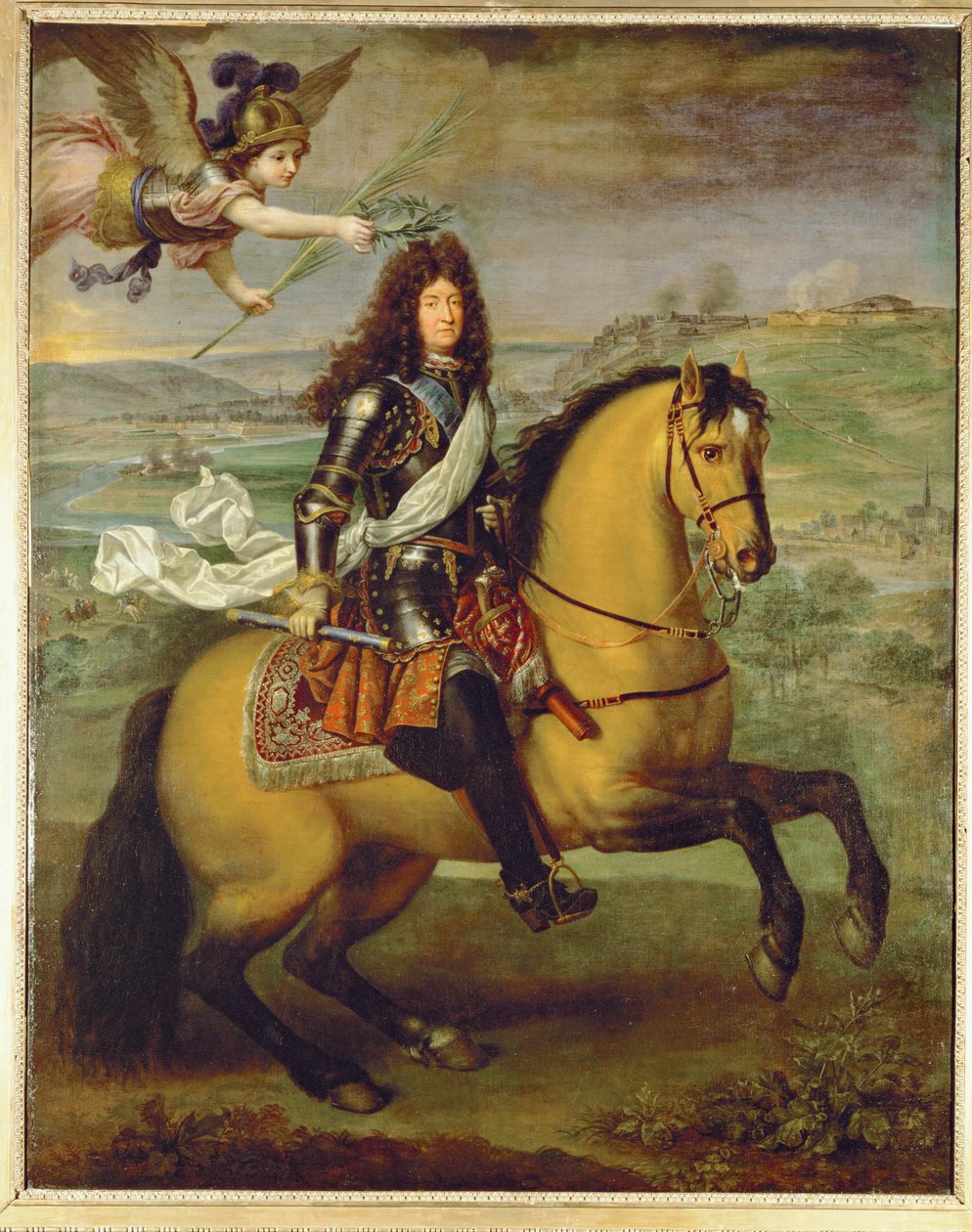 Luis XIV a caballo, coronado por la victoria ... (pintura sobre lienzo) de Pierre Mignard
