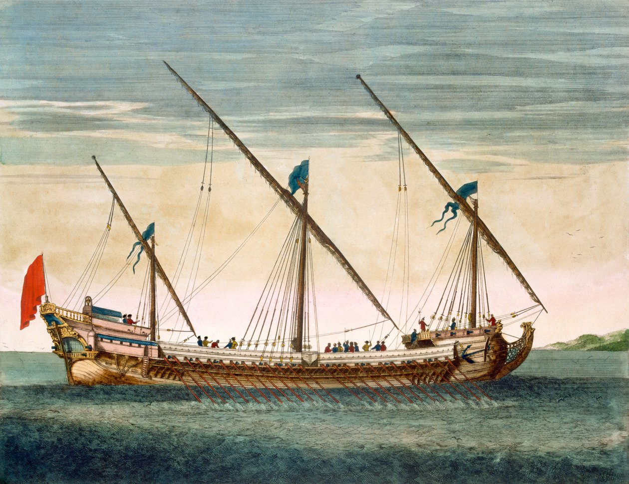 Una galeaza de tres mástiles en marcha por remo, de Le Neptune Francois, c.1693-1700 (grabado coloreado a mano) de Pierre Mortier