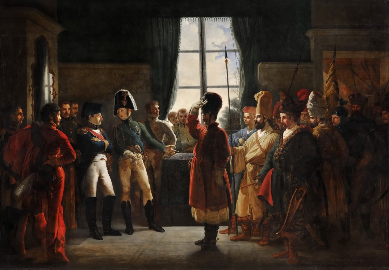 El Zar Alejandro I presentando a los Calmucos, Cosacos y Bashkires del ejército ruso a Napoleón I, Tilsit de Pierre Nolasque Bergeret