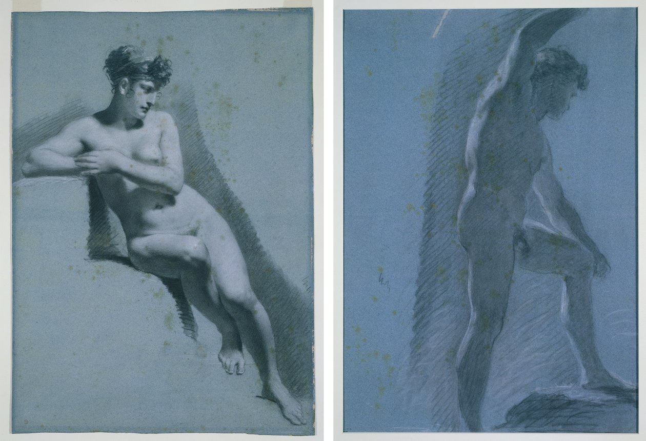 Estudio de una mujer desnuda, sentada mirando a la derecha (recto) Estudio de un desnudo masculino (verso) de Pierre Paul Prud