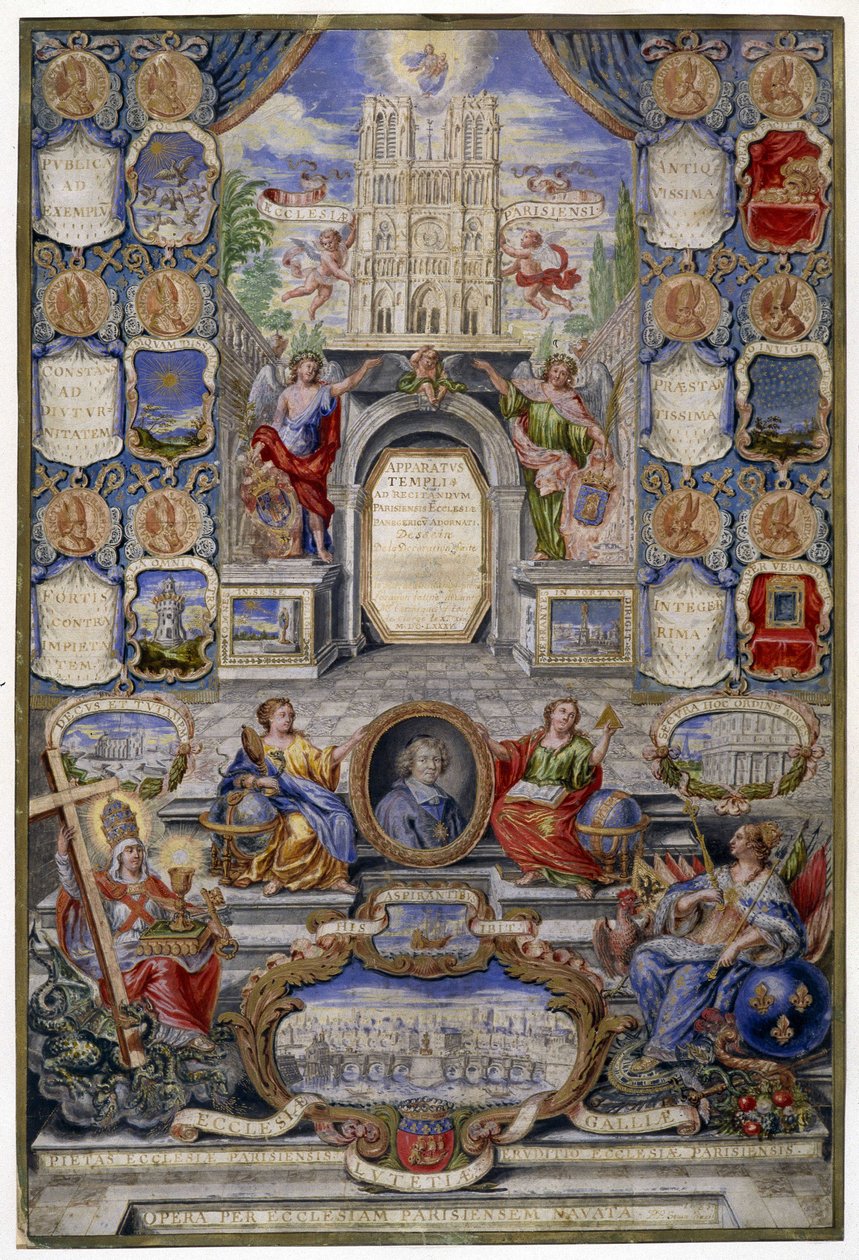 Alegoría de la iglesia de París con motivo de la Revocación del Edicto de Nantes el 18/10/1685 el padre de Jouvency dio un sermón en el colegio de Clermont en diciembre de 1685 en medallón el arzobispo de París, Harlay de Chanvallon quien alentó de Pierre Paul Sevin