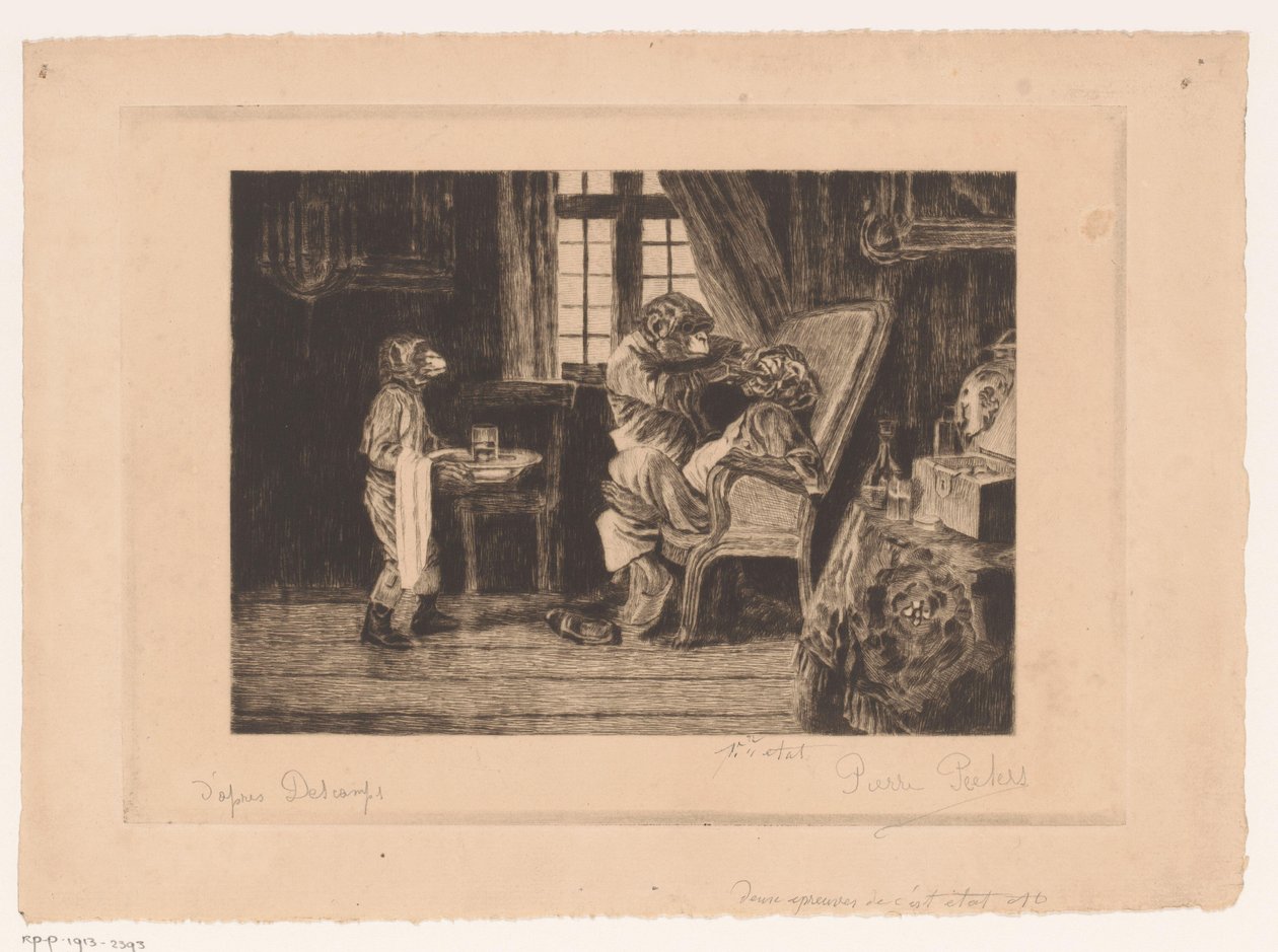 Representación satírica de monos como dentista, asistente y paciente de Pierre Peeters (signed by artist)