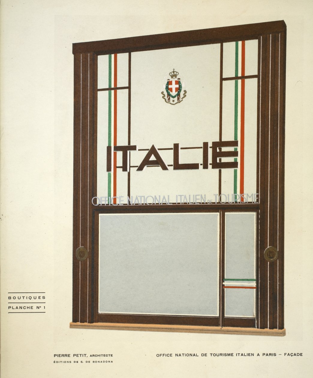 Oficina Nacional de Turismo Italiano en París, Pierre Petit, Boutiques, Henry Delacroix, Ediciones S De Bonadona, París, finales de 1920, Pochoir Print de Pierre Petit