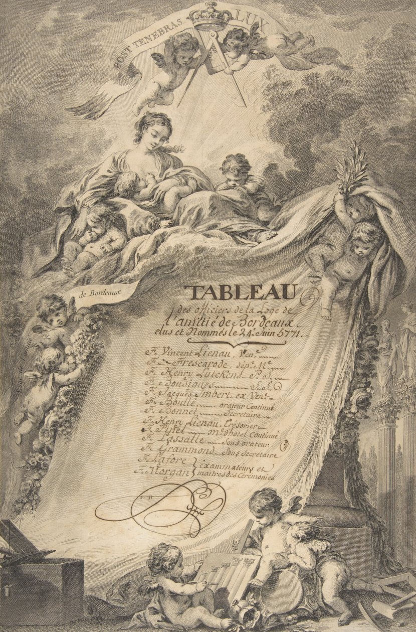 Diploma para los masones de Burdeos, después de François Boucher de Pierre Philippe Choffard