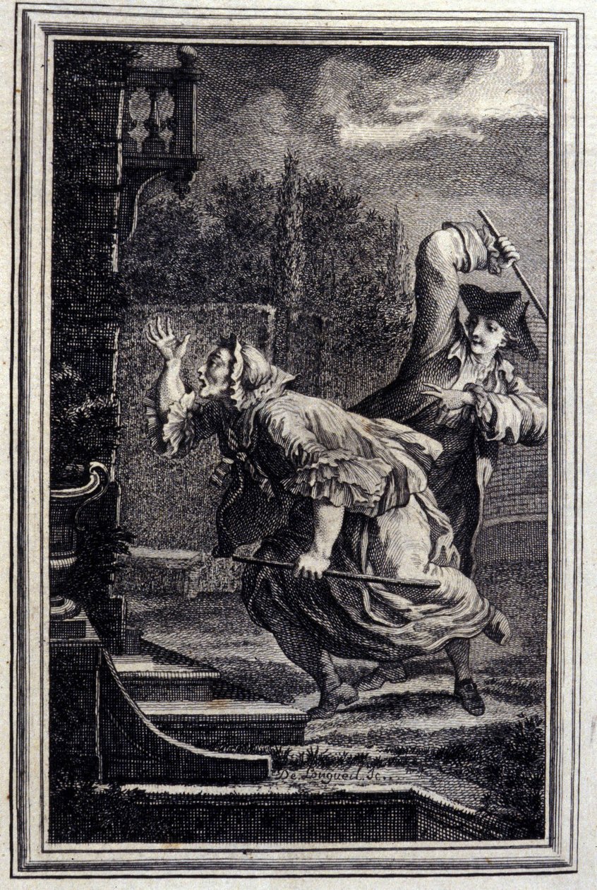 El cuco, golpeado y contento. En “Cuentos y nuevas en verso” de Jean La Fontaine. 1776. Ilustración por P.P. Choffard. de Pierre Philippe Choffard