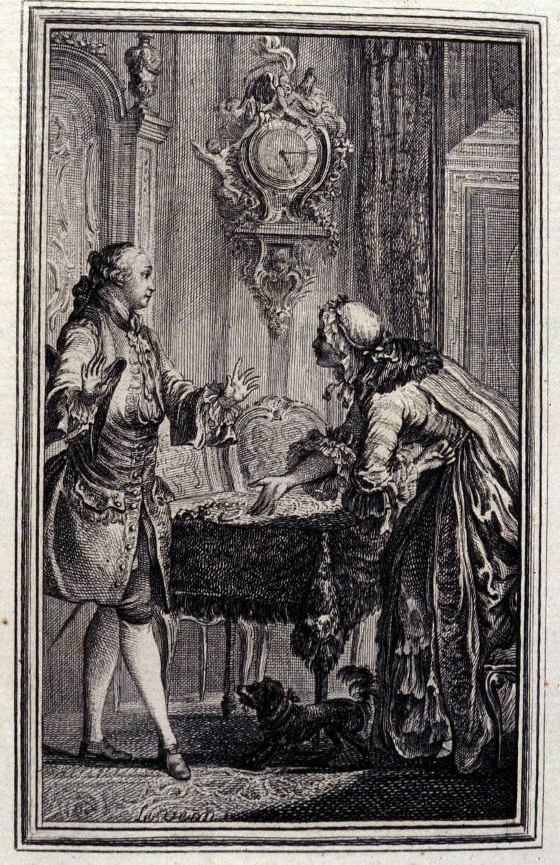El gascón castigado - en "Cuentos y nuevas en verso" de Jean La Fontaine. 1776. Ilustración de P.P. Choffard de Pierre Philippe Choffard