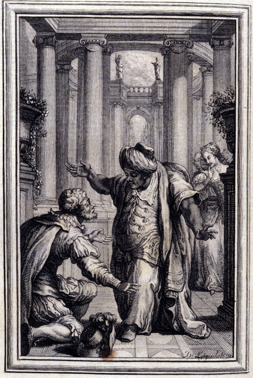El perrito que sacude dinero y piedras - en Cuentos y nuevas en verso de Jean La Fontaine. 1776. Ilustración de P.P. Choffard de Pierre Philippe Choffard