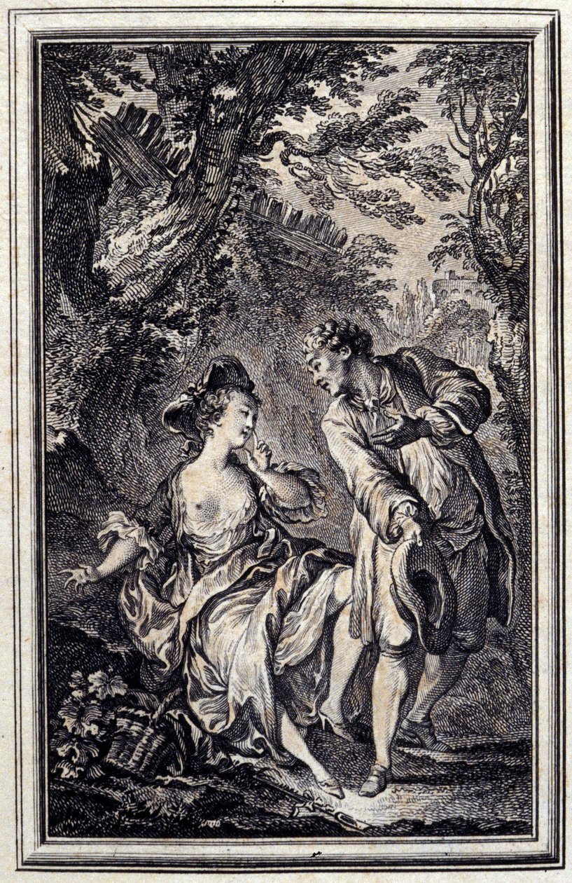 Prometer es una cosa, y cumplir es otra. En “Cuentos y nuevas en verso” de Jean de La Fontaine, Ámsterdam 1776. Ilustrado por P.P. Choffard. de Pierre Philippe Choffard