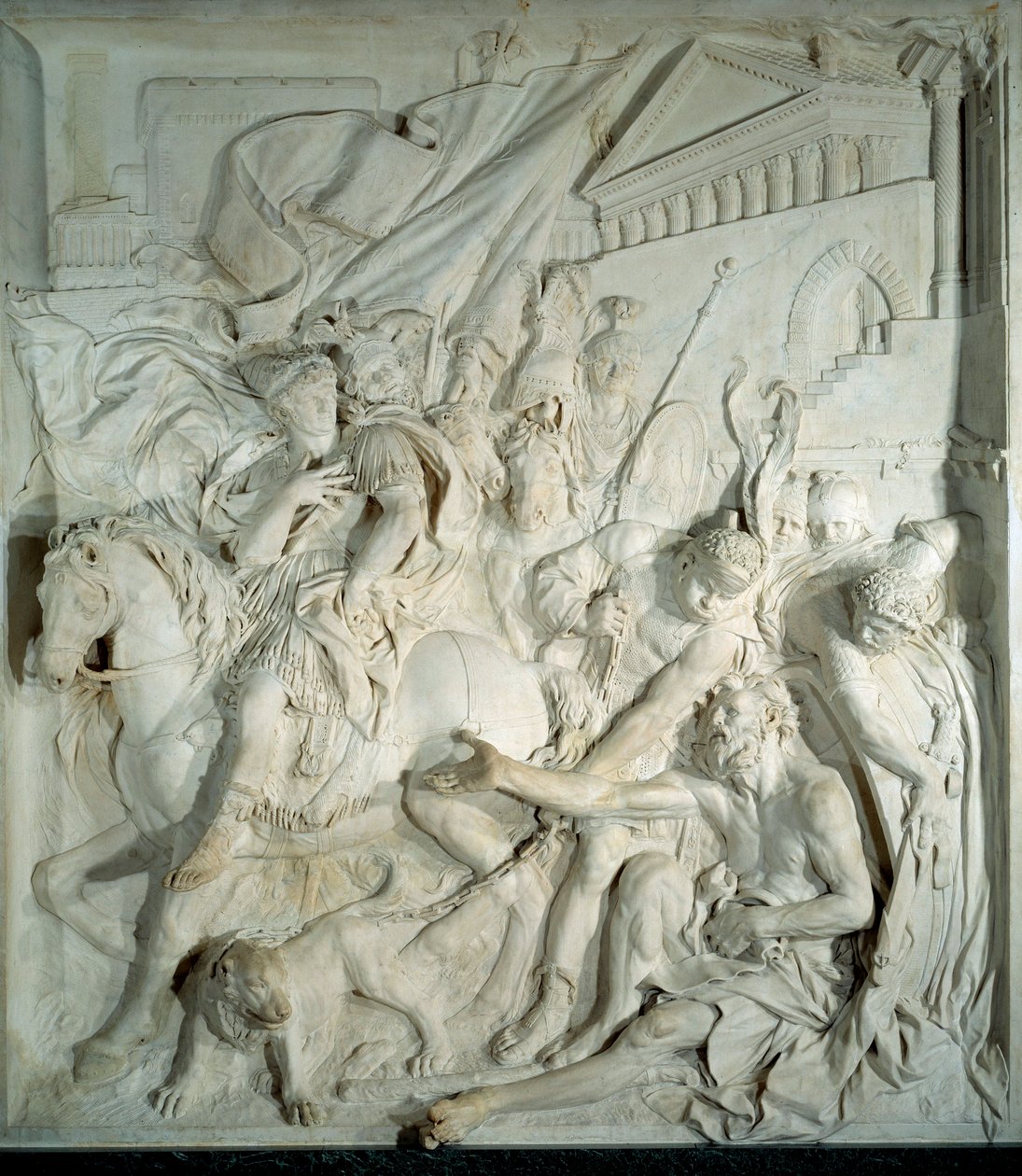 Alejandro Magno (356 a.C.-323 a.C.) se encuentra con el filósofo griego Diógenes el Cínico (413 a.C.-327 a.C.) en su barril. Relieve de mármol por Pierre Puget (1620-1694) 1693. De la Salle des cent Suisse (Louvre). París, Museo del Louvre de Pierre Puget