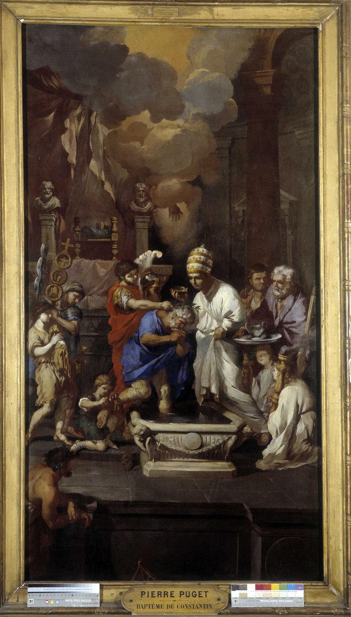 El bautismo de Constantino: el emperador Cayo Flavio Valerio Aurelio Constantino recibe el sacramento por el Papa Silvestre I (San), en la Basílica de San Juan de Letrán en Roma de Pierre Puget