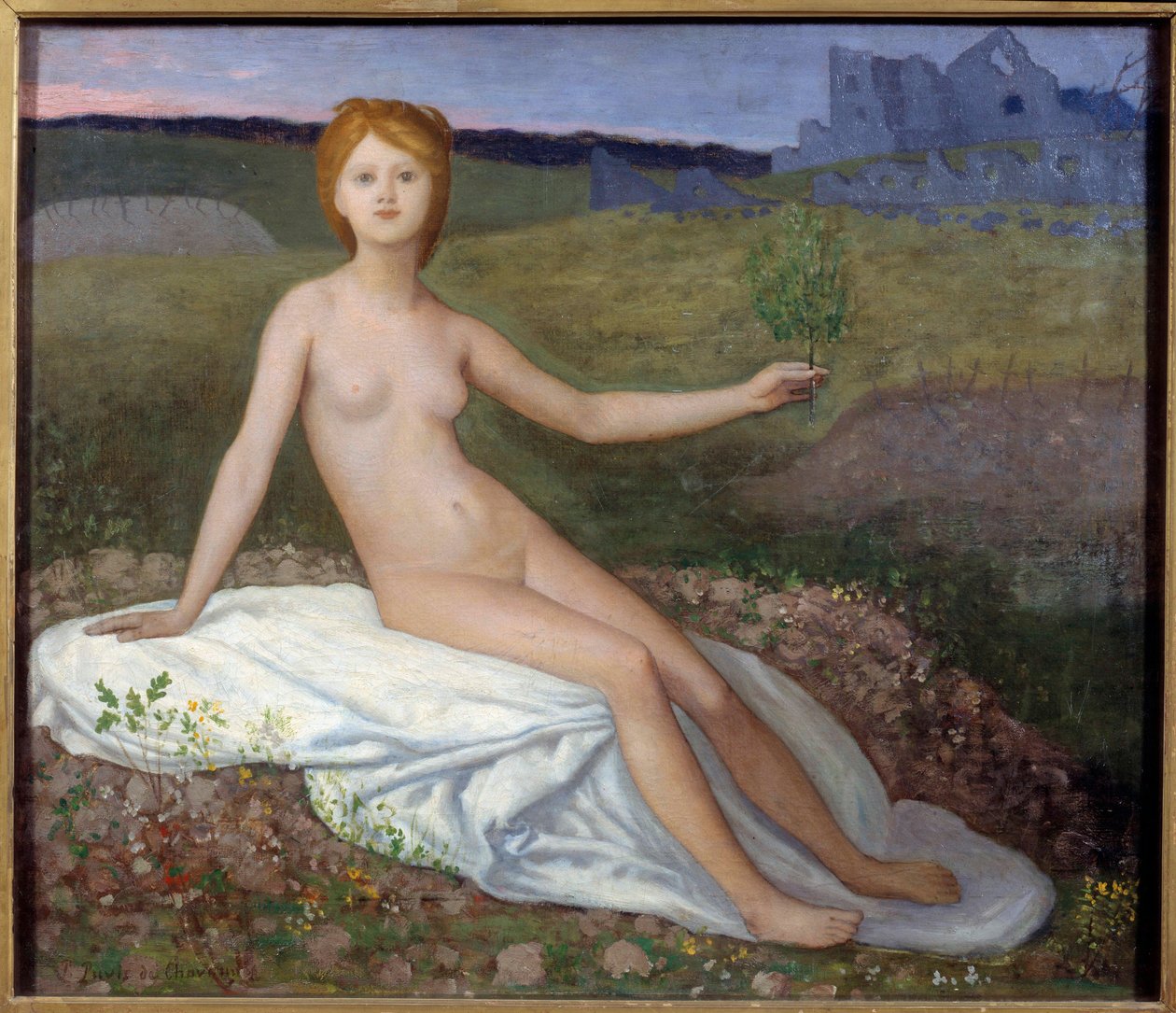 La Esperanza. Alegoría de la esperanza como una joven desnuda sentada en un paisaje de ruinas. Pintura de Pierre Puvis de Chavannes (1824-1898) 1872 Dim. 0,7x0,82 m París, Museo de Orsay de Pierre Puvis de Chavannes