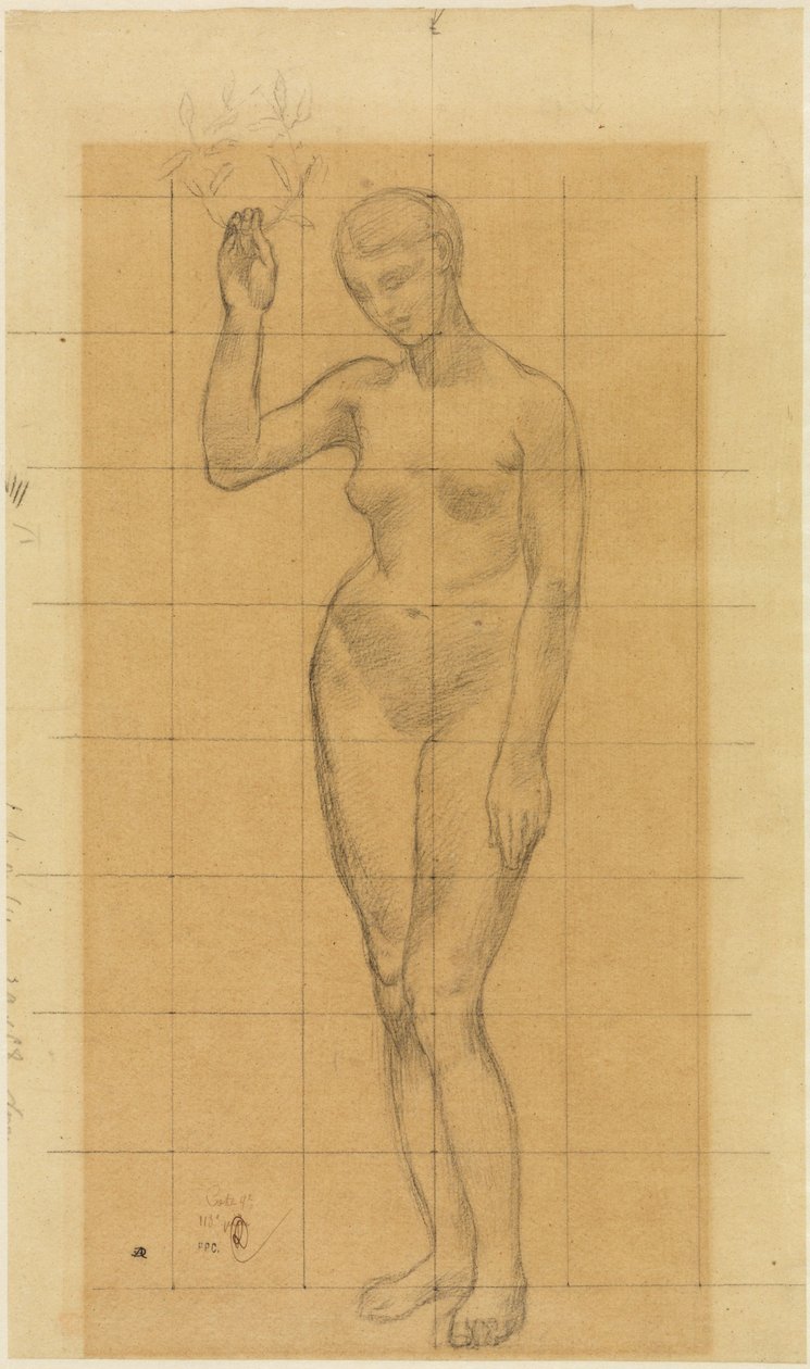 Stehender Frauenakt, schräg nach links, einen Kranz in der erhobenen Rechten de Pierre Puvis de Chavannes