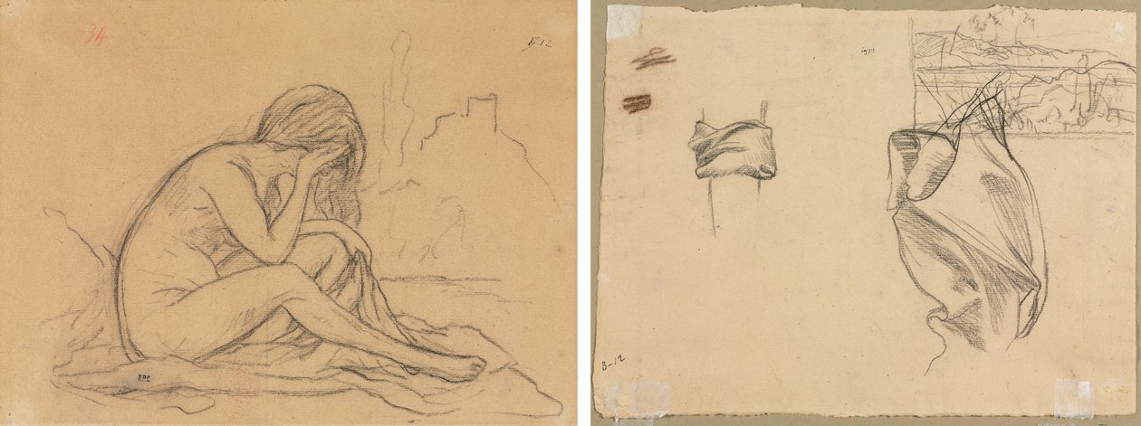 Estudio de un desnudo femenino (posiblemente para una pintura alegórica no realizada) (anverso); Estudios de cortinaje y Estudio de un paisaje (verso) de Pierre Puvis de Chavannes