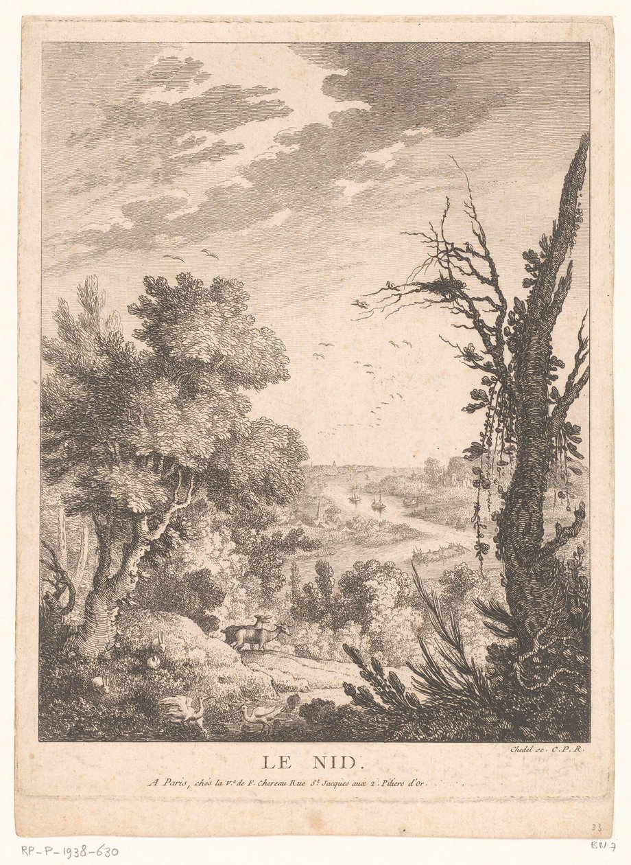 Paisaje con ciervos, conejos y pájaros y un río al fondo Le Nid (título sobre objeto) de Pierre Quentin Chedel