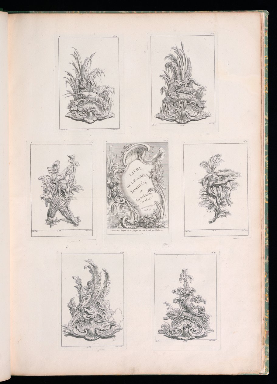 Diseño de ornamento con dos pájaros muertos sobre una rama de acanto, de Livre de Legumes de Pierre Quentin Chedel
