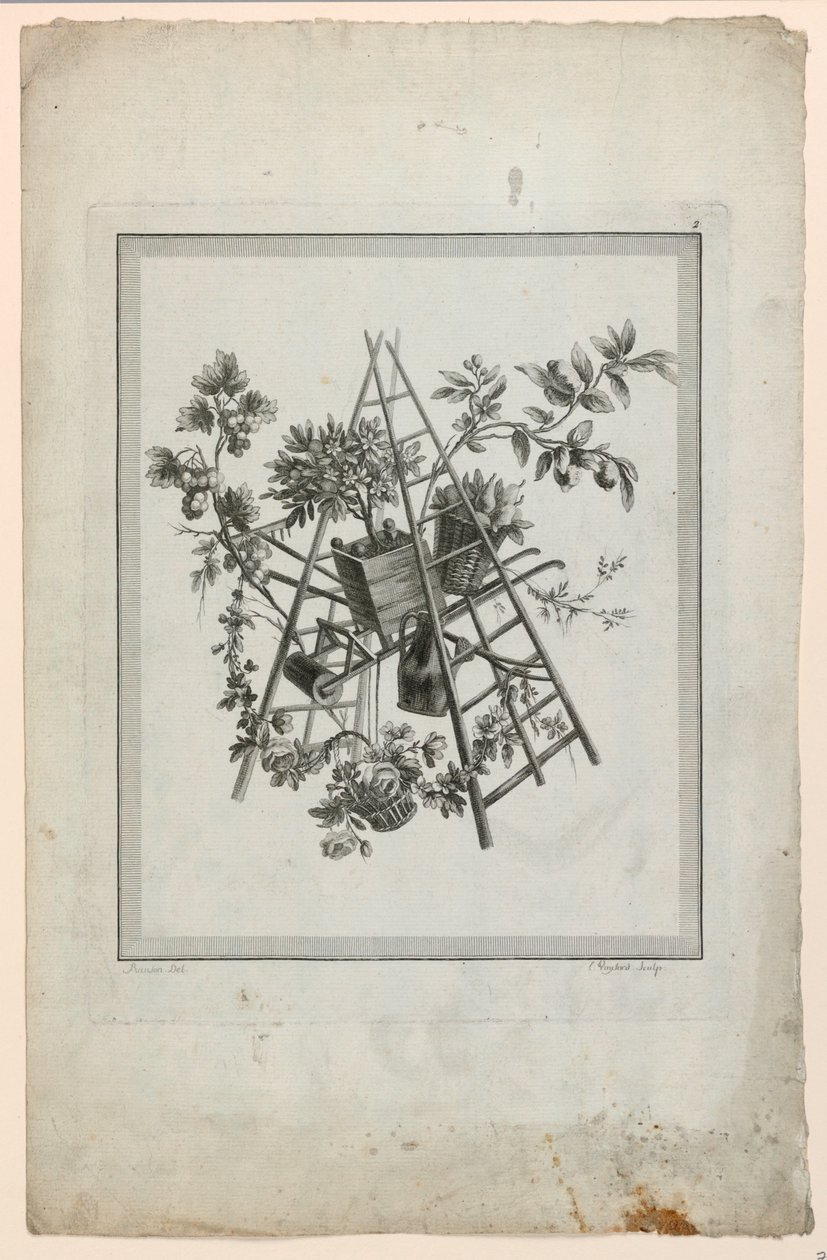 Trofeo con instrumentos de jardinería, lámina 2 de "Suite de diferentes atributos, trofeos y grupos de flores," Suite II de Pierre Ranson