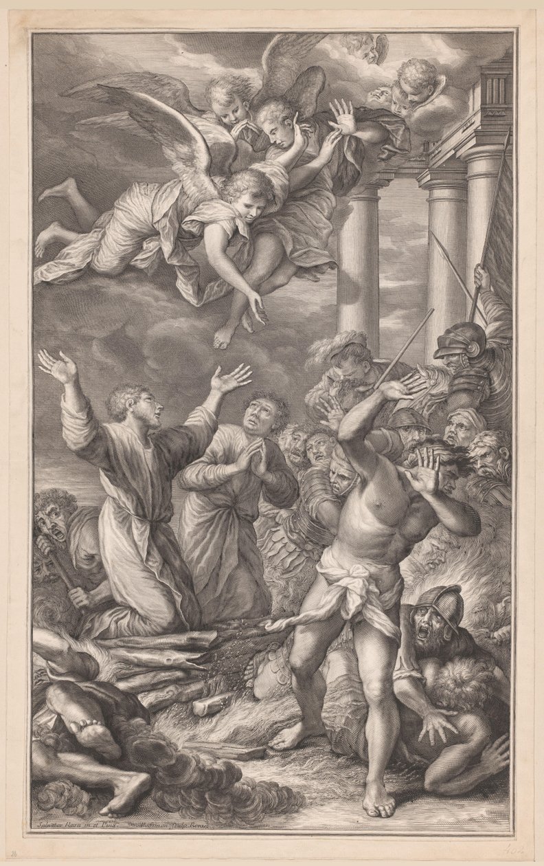 Cosme y Damianus quemados en la hoguera, rodeados de soldados y ángeles. de Pierre Simon (I)