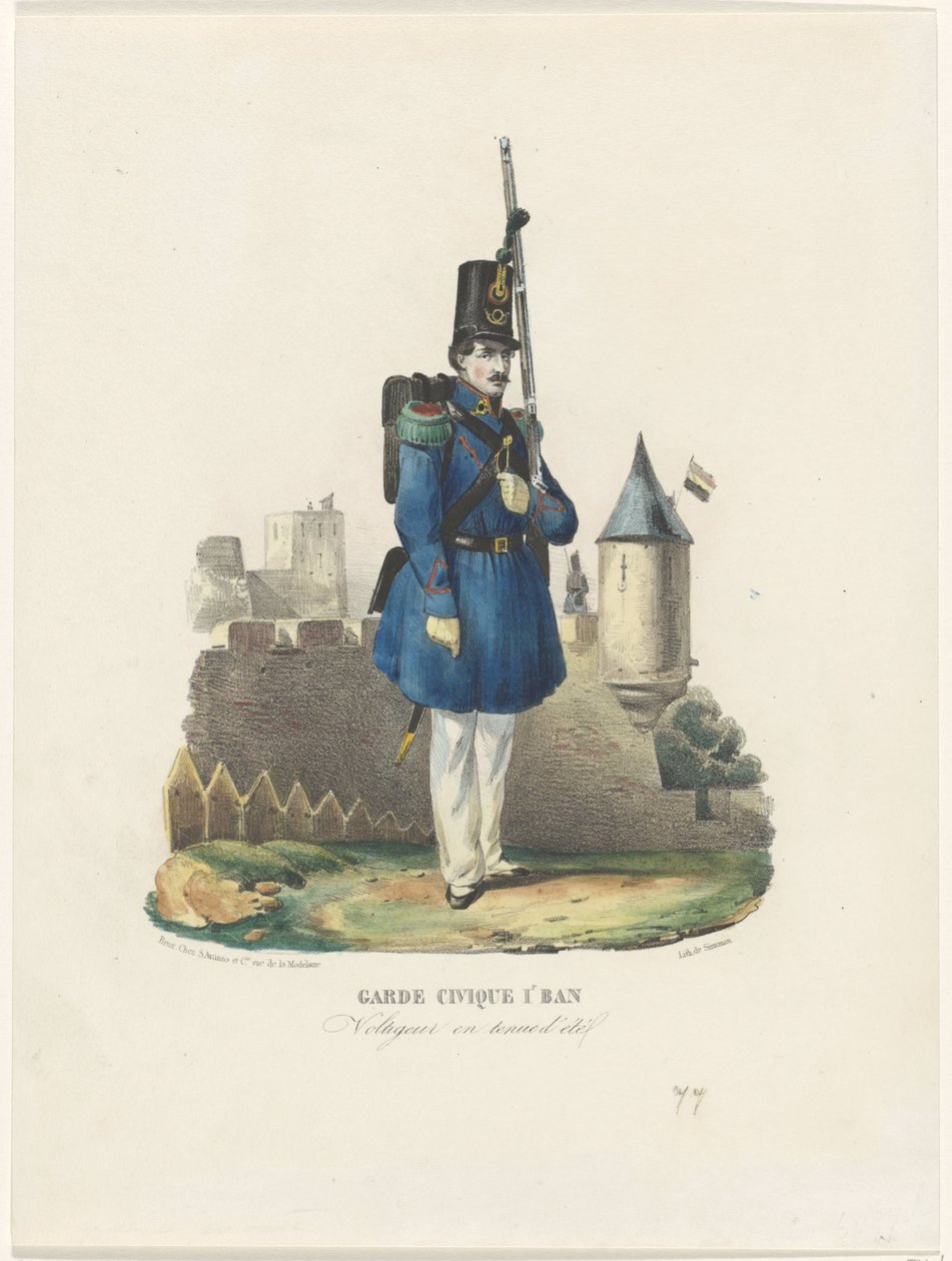 Burguerwacht belga en el reloj, 1830 Guardia Cívica 1ra Prohibición / Voltigeur en traje de verano (título sobre objeto) de Pierre Simonau