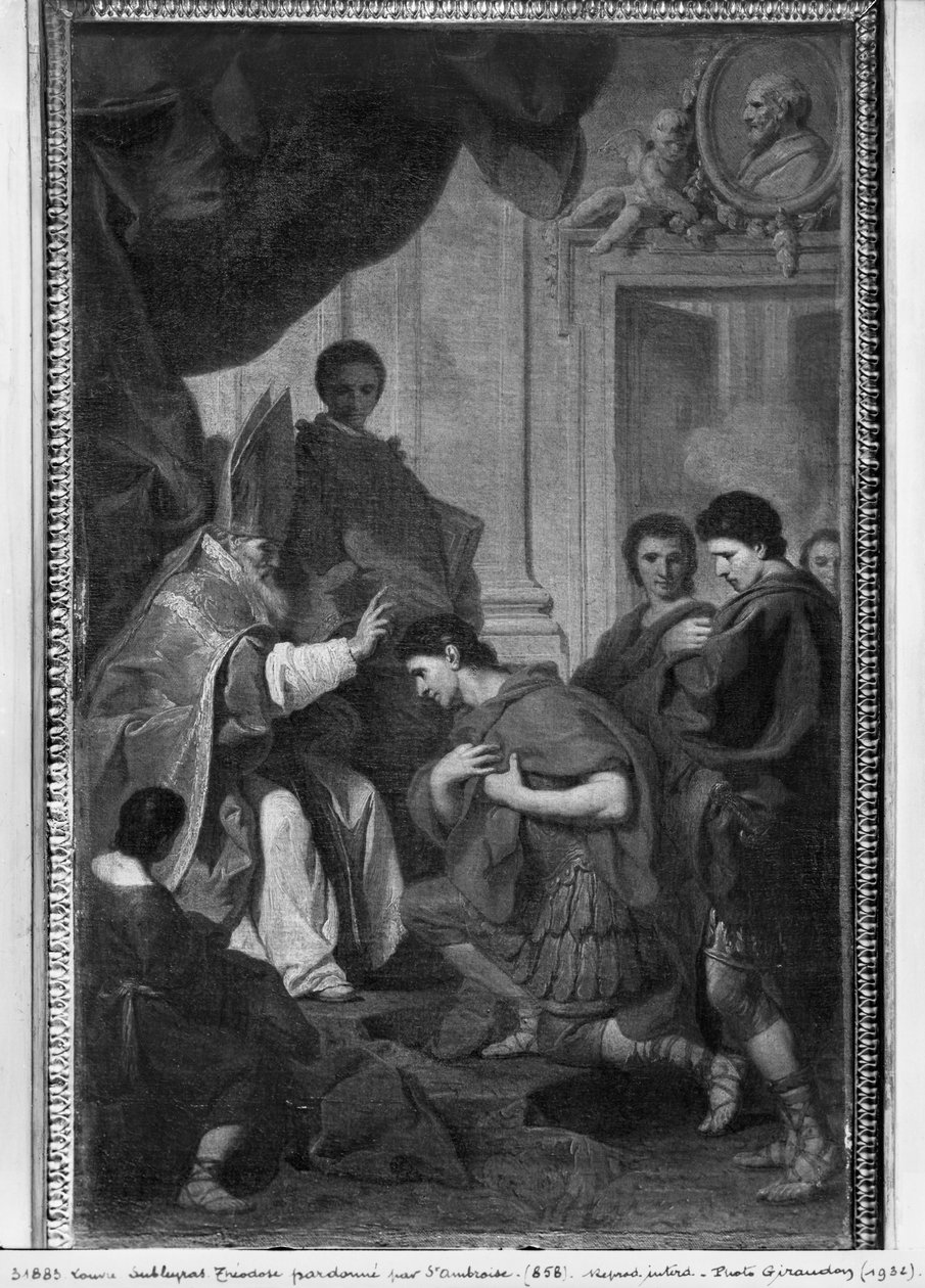 El Emperador Teodosio I el Grande recibiendo el perdón de San Ambrosio, arzobispo de Milán, c.1745 de Pierre Subleyras