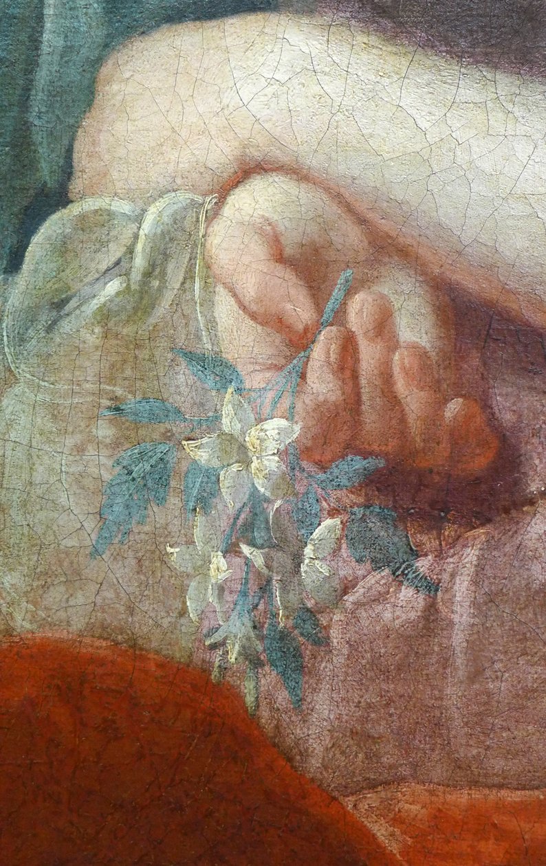 Mano de una joven que sostiene una rama florecida. Detalle del Retrato de Madame Poulhariex y su hija, hacia 1728 (óleo sobre lienzo) de Pierre Subleyras