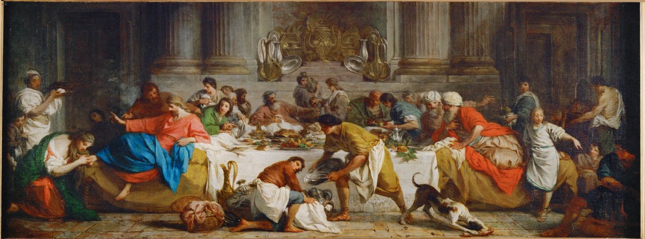 Le repas chez Simon. La comida en casa de Simón. Marta derrama aceite sobre los pies de Cristo y los seca con sus cabellos ... de Pierre Subleyras