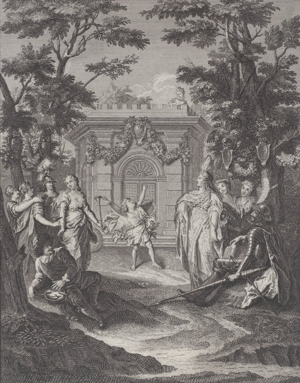 Placa 13: entrada del Amor y la Riqueza a la boda de Gamache, 1745 de Pierre Tanje