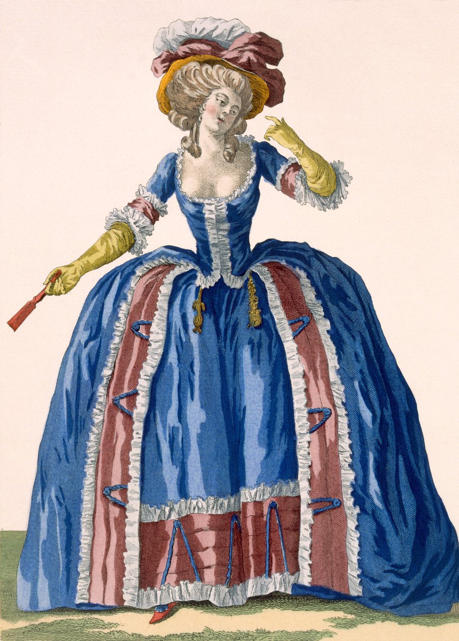Vestido de estilo inglés en azul eléctrico con borde fruncido burdeos, grabado por Bacquoy, placa no.182 de 