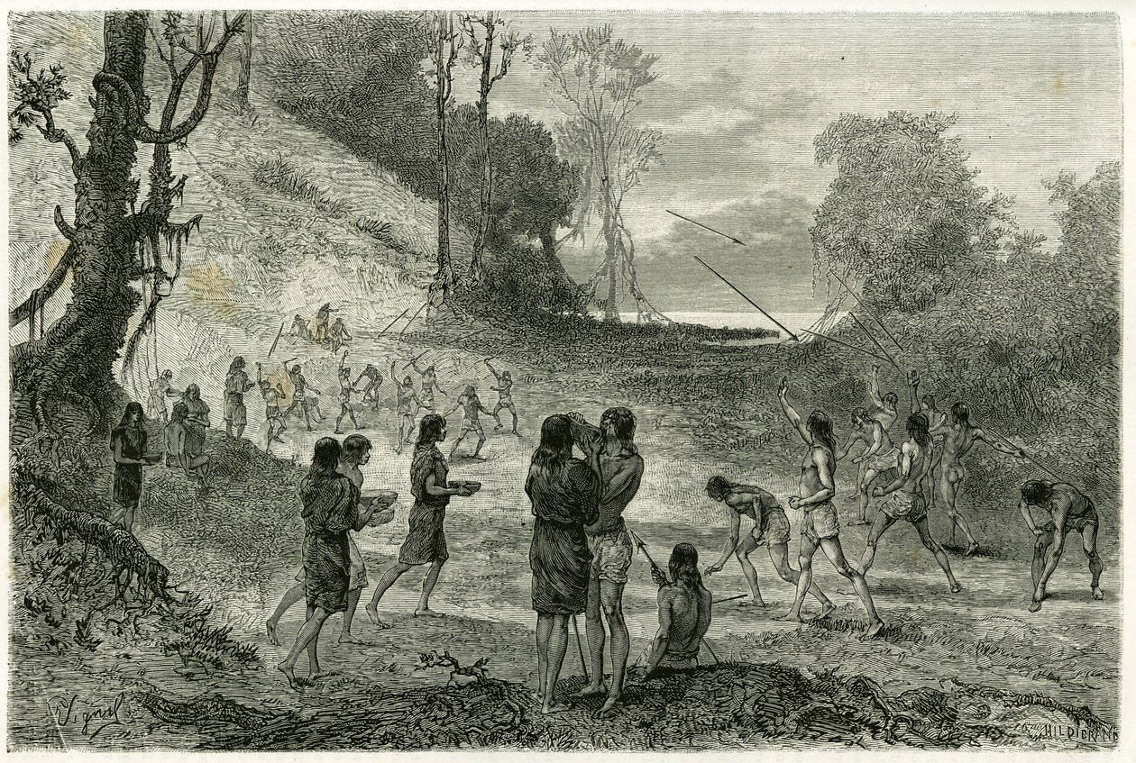 Juegos de jabalina entre 2 tribus de Zaparros, los hombres practican y las mujeres rodean a los jugadores sin miedo y les sirven bebidas. Ilustración de la historia “Amazonas y Cordilleras” de Pierre Vignal