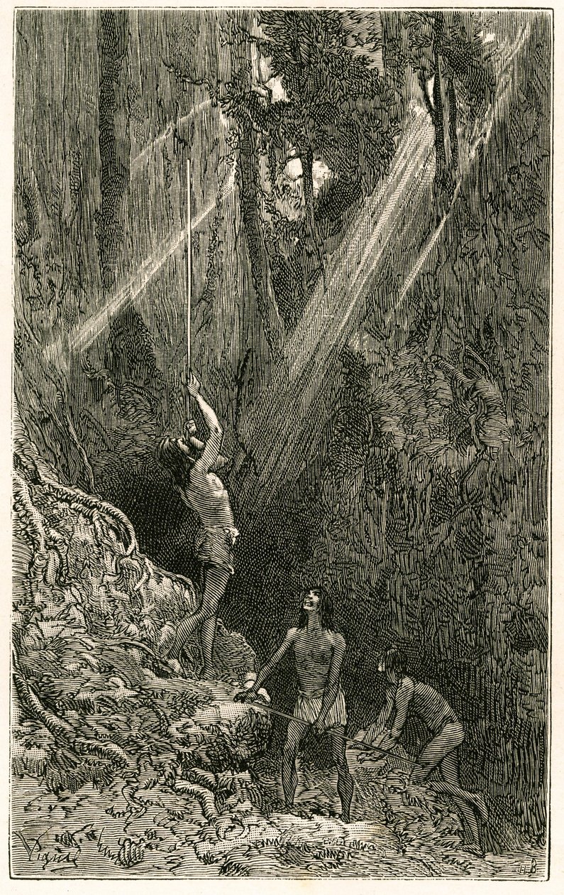 Indios Suno, de las orillas del río Napo (Amazonas), cazando con cerbatana. Grabado de Vignal, para ilustrar la historia “Amazonas y Cordilleras” de Pierre Vignal