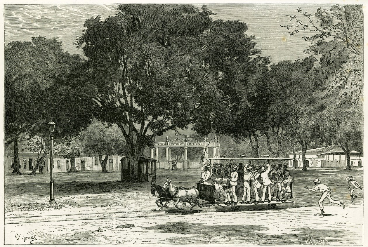Tranvía, tirado por caballos, en el puerto de Pará (Brasil), en el largo de Nazaret. Grabado por Vignal, para ilustrar la historia “Amazonas y Cordilleras” de Pierre Vignal