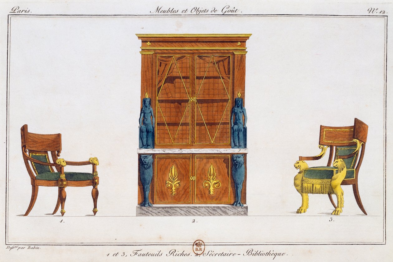 Sillones y escritorio de biblioteca, placa 12, ilustración de Collection de meubles et objects de gout (Colección de muebles y objetos de gusto) de Pierre de La Mesangere