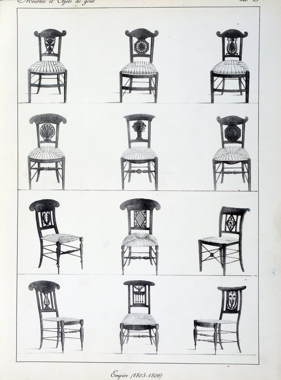 Diferentes modelos de sillas del Primer Imperio (1805-1806). Lámina de la colección "Collection de meubles et objets de taste" de Pierre de la Mésangère (1761-1831). París. Artes Decorativas de Pierre de La Mesangere