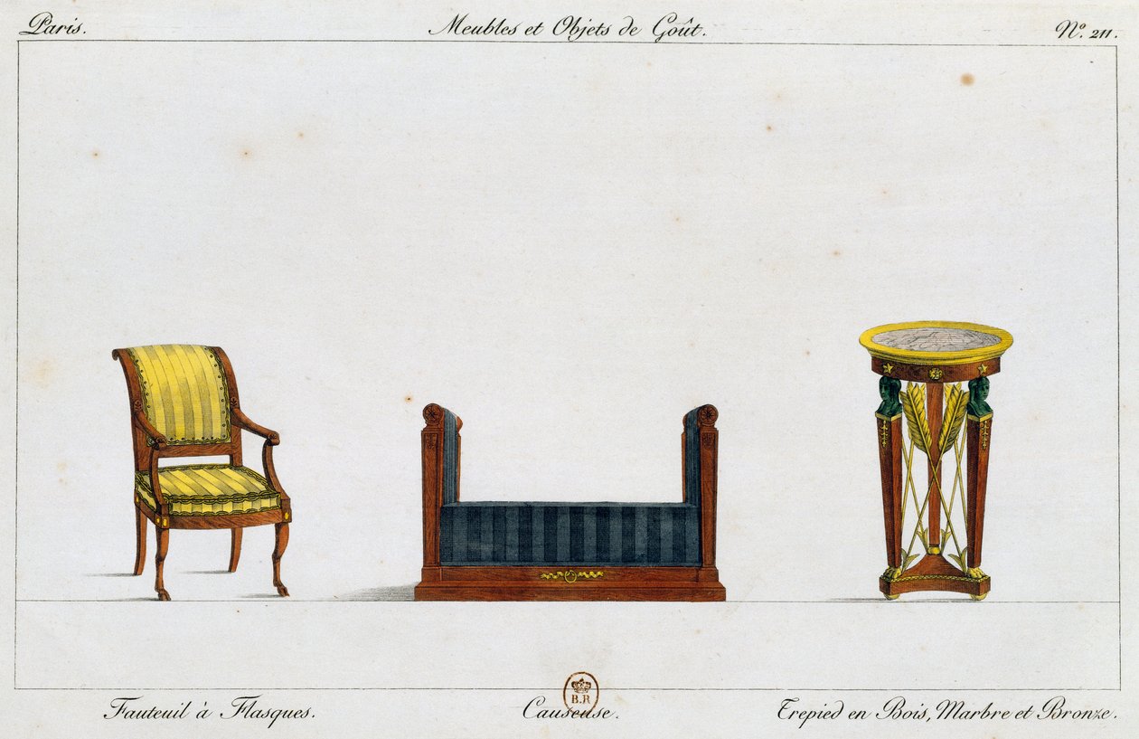 Sillón con alas, sofá y mesa trípode, lámina 211, ilustración de Collection de meubles et objects de gout (Colección de muebles y objetos de gusto) de Pierre de La Mesangere